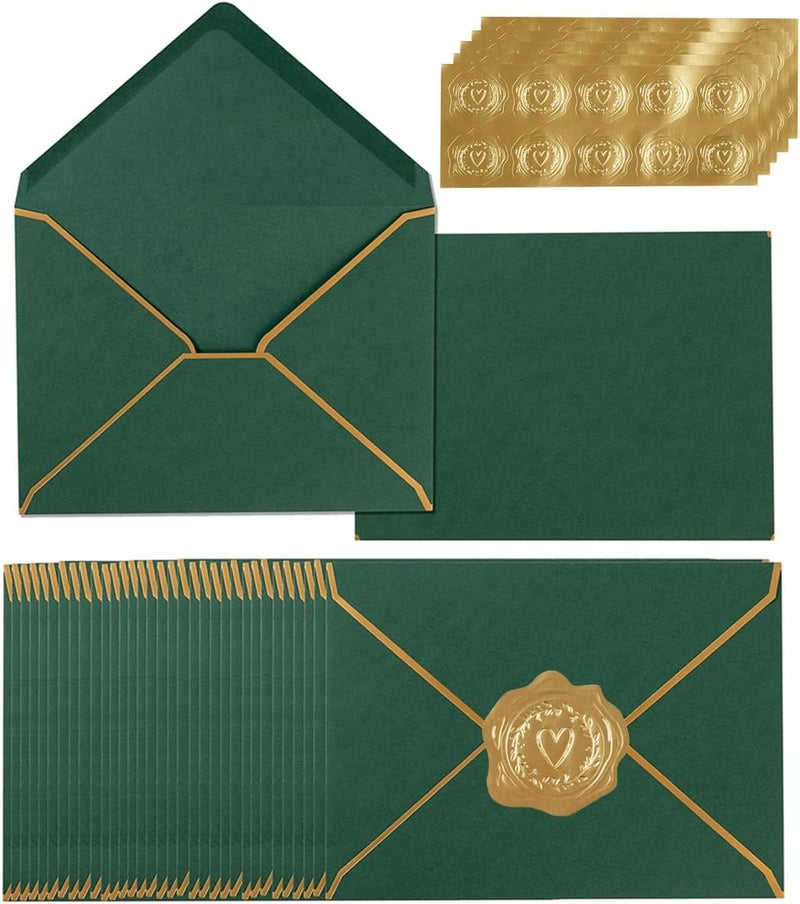 Homtable 100 Pack A7 Envelopes 5 x 7 Card Envelopes V Flap with Gold Border for Office, Wedding Gift Cards, Invitations, Graduation, Baby Shower, Parties (5.32 x 7.28 Inches, Dark Green) - Image 1